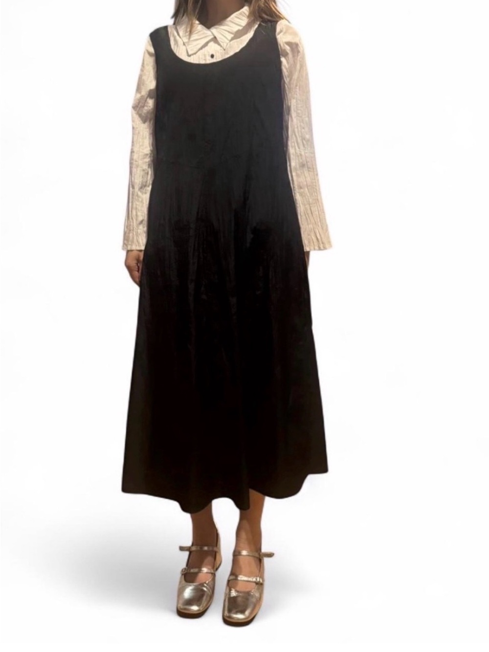 Babette SF Black Sleeveless Midi Dress with Vertical Pleats